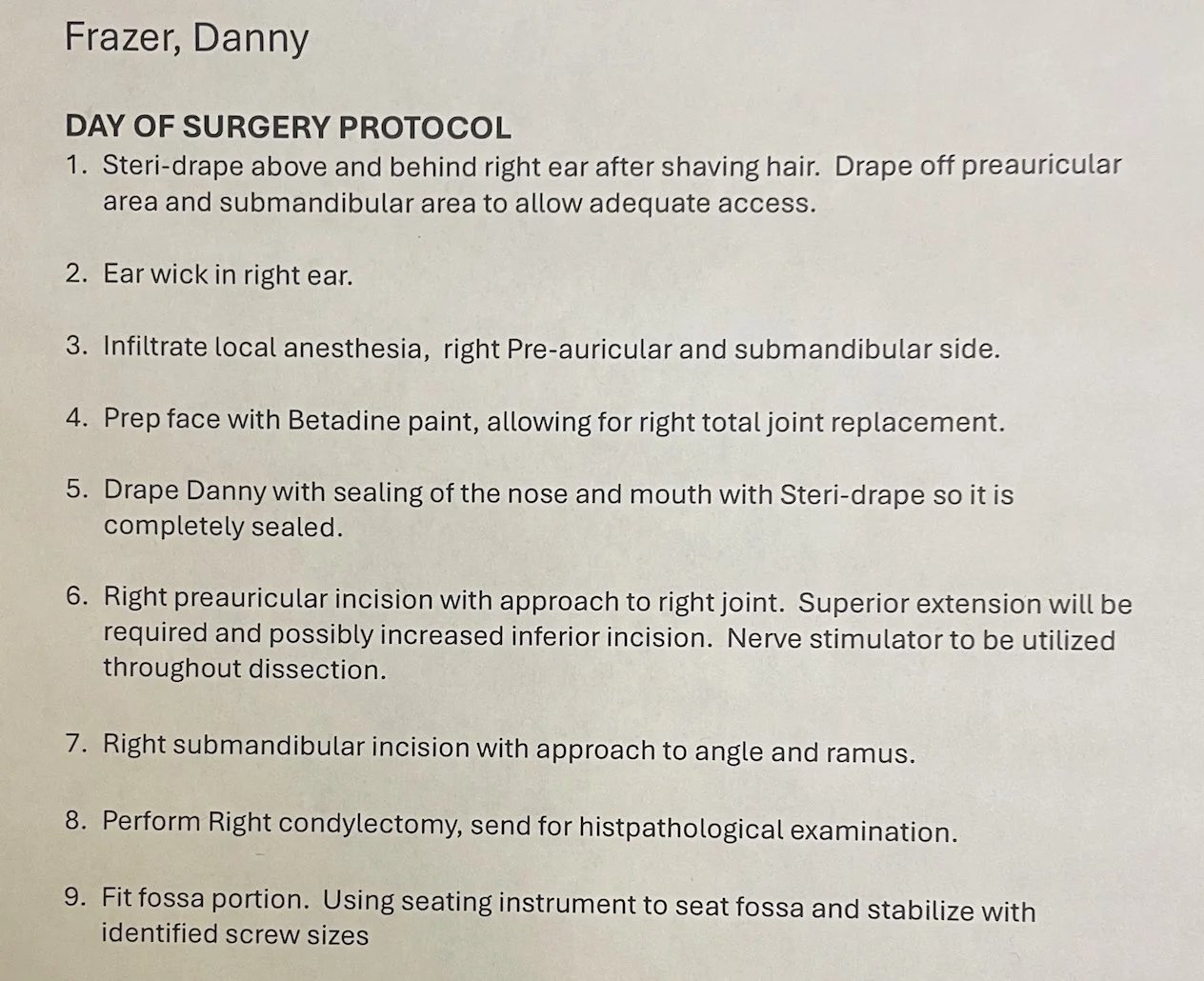 list of steps for the surgery procedure