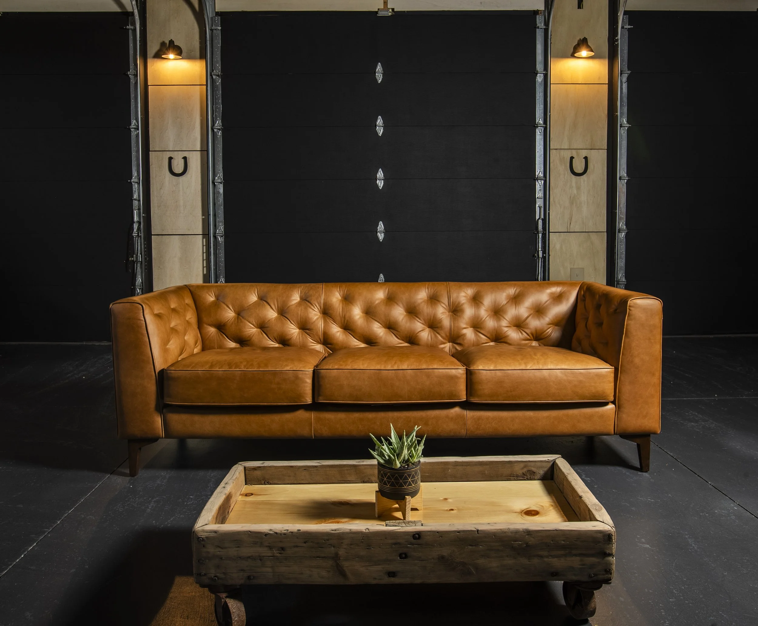A brown tufted leather sofa placed in front of a black wall with lighting fixtures, a wooden coffee table with a potted plant in the foreground.