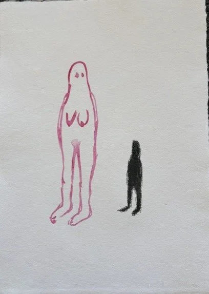 Ink drawing of two figures, a naked female and a smaller shadow figure behind