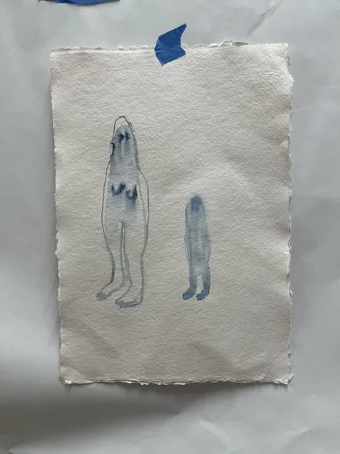 Ink drawing of two figures, a naked female and a smaller shadow figure behind
