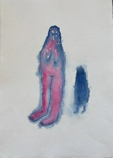 Ink drawing of two figures, a naked female and a smaller shadow figure behind