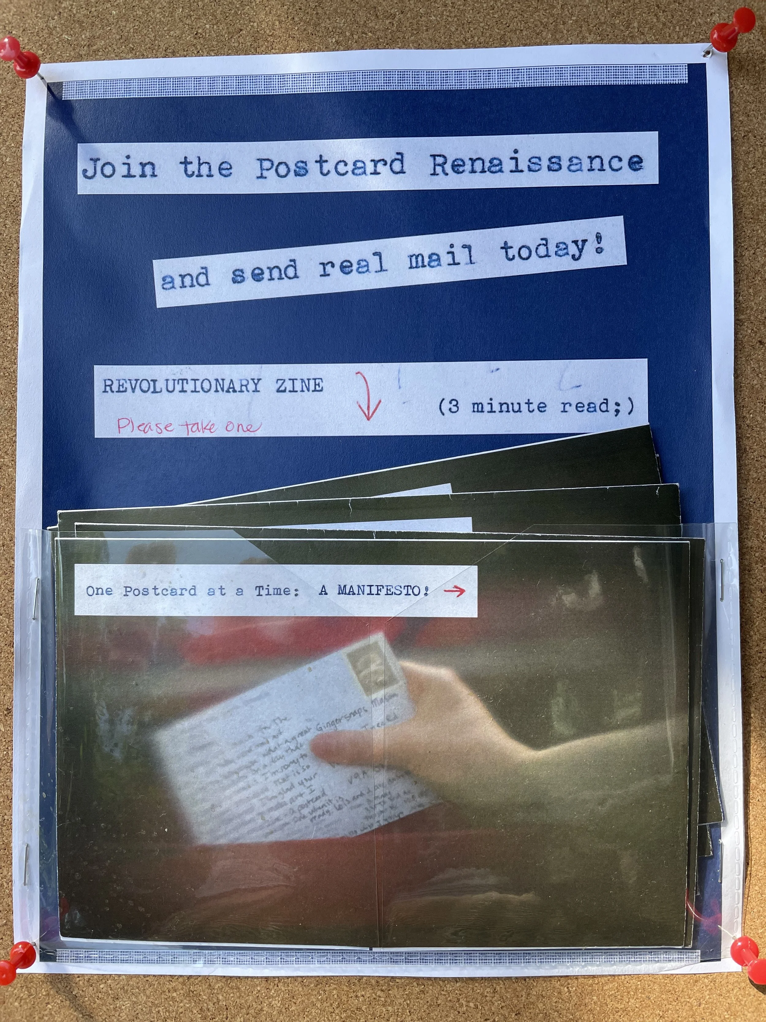 A poster that says 'join the postcard Renaissance and send mail today'. At the bottom of the poster is a pocket with six copies of the postcard manifesto zine.