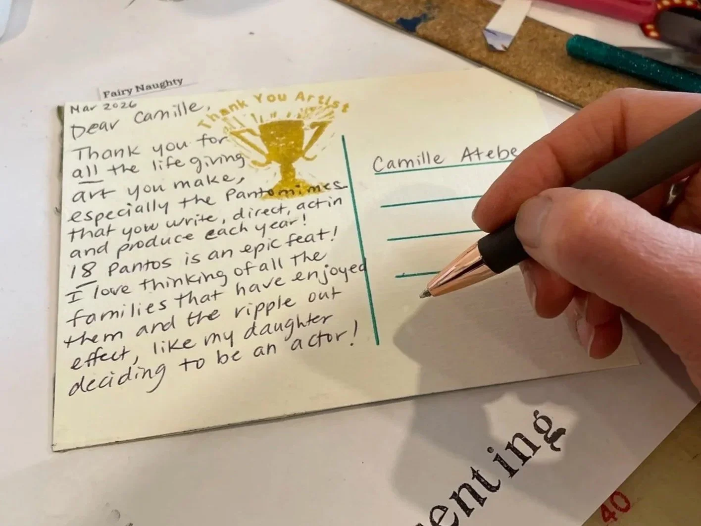 Thank you artist postcard to Camille Atebe