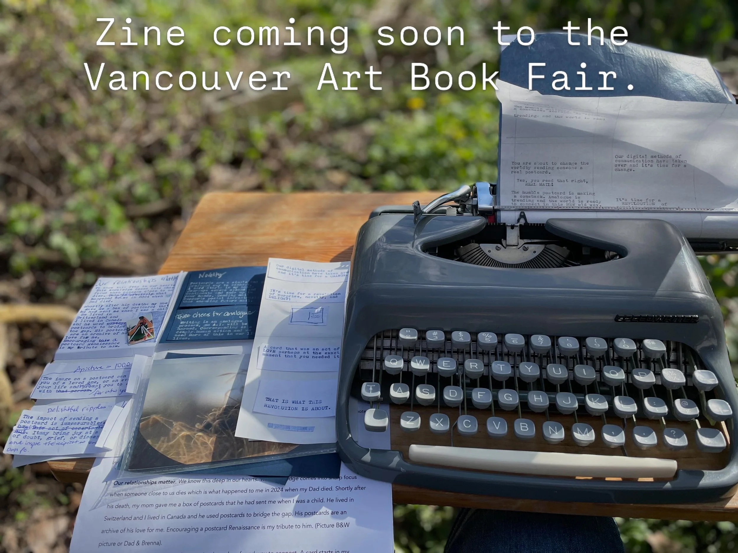 This is an in progress shot of my latest art project, an interactive zine called  One Postcard at a Time: a MANIFESTO!  Big thanks to @by.vanessaelisabeth for her help with the design. We had so much fun making this zine together. If you are in Vanco