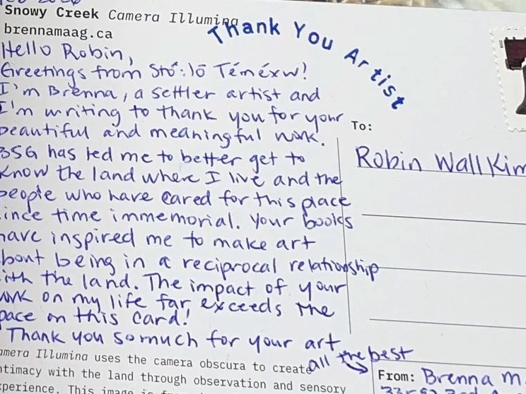 Thank you artist postcard to Robin Wall Kimmerer