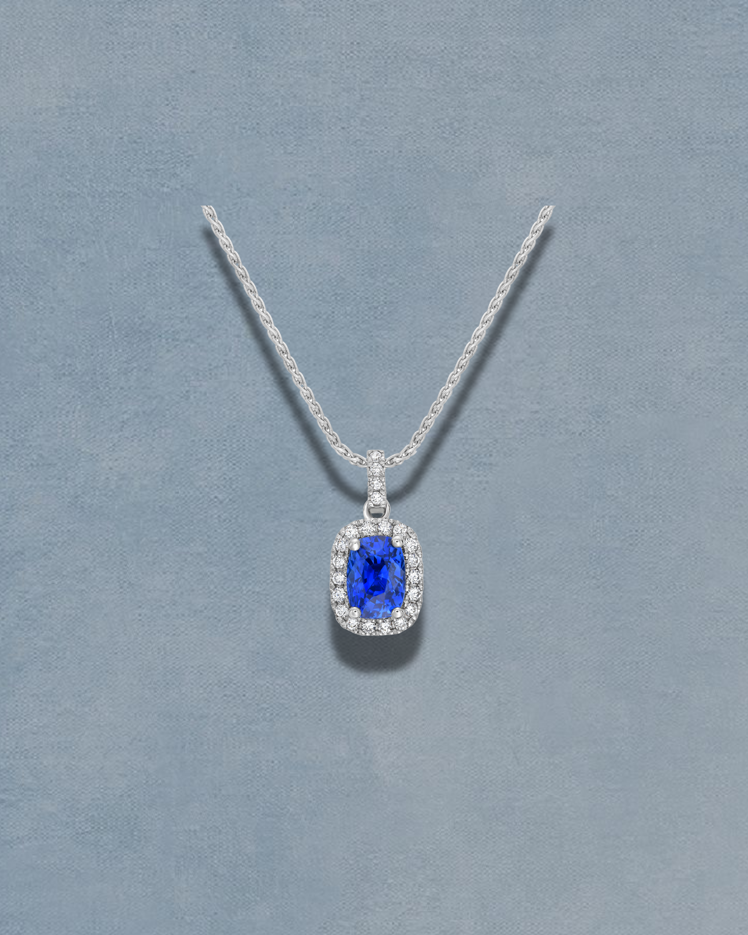 Blue Sapphire Cushion Halo Pendant