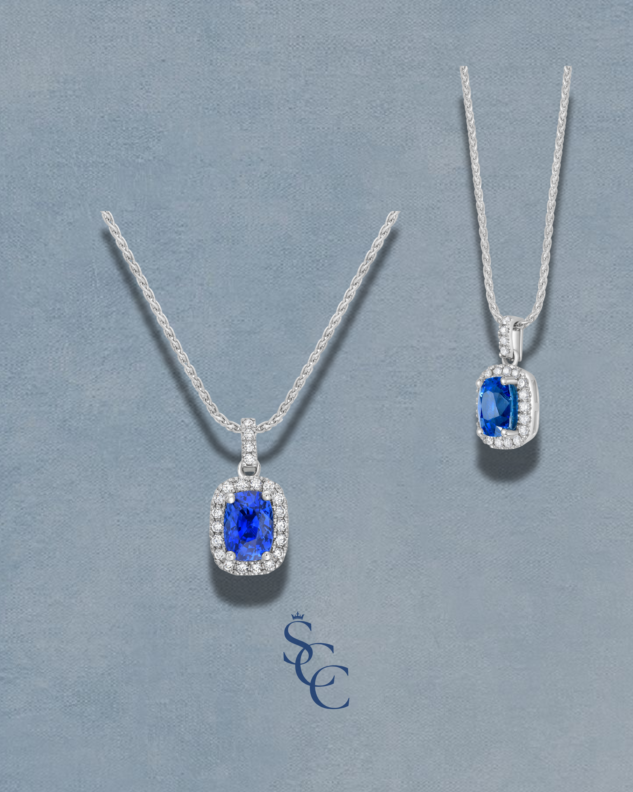 Blue Sapphire Cushion Halo Pendant