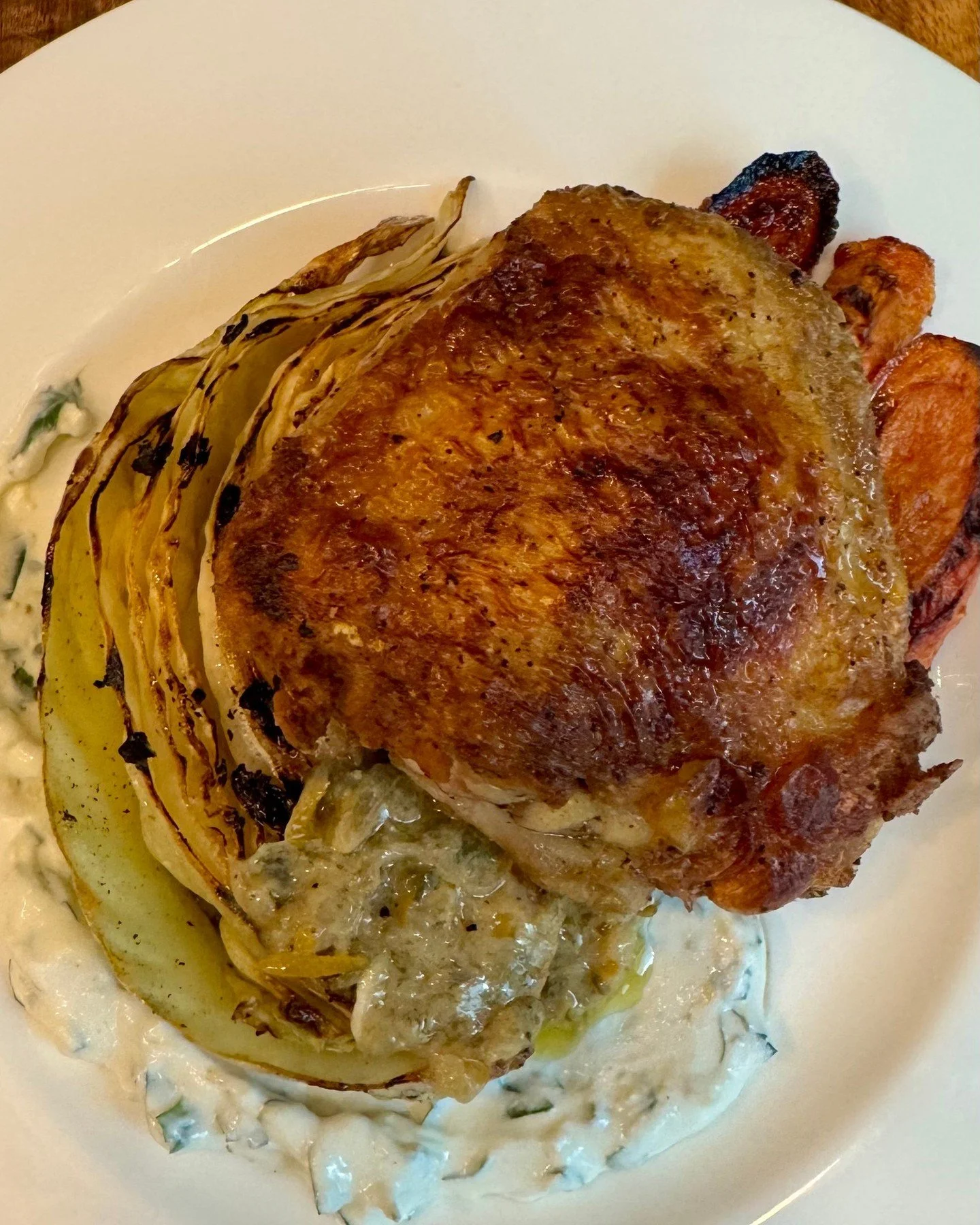 Someone DM&rsquo;d me for a recipe yesterday.

and I was honestly so excited

like&hellip; look at me
out here being useful

(okay fine, I know her
but I&rsquo;m still counting it as a win)

Anyway, here it is

Crispy Chicken
with Charred Cabbage, Ro