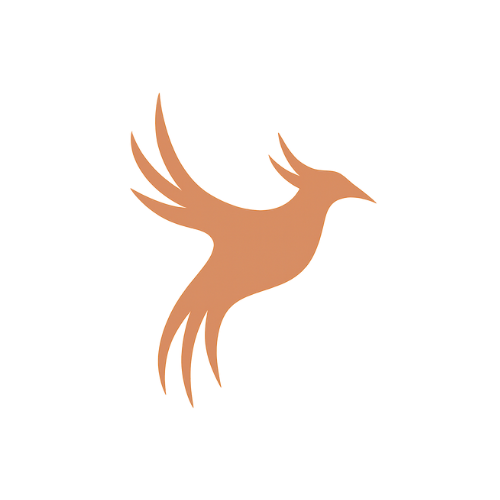 A stylized, minimalist illustration of a bird in flight, colored in shades of brown with a black circle behind it.