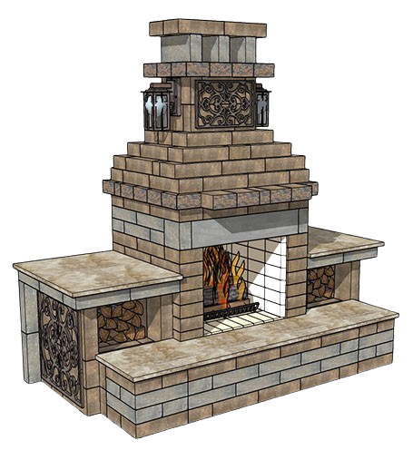 A large outdoor stone fireplace with a chimney, featuring decorative wrought iron details and a built-in firebox with a fire burning inside.