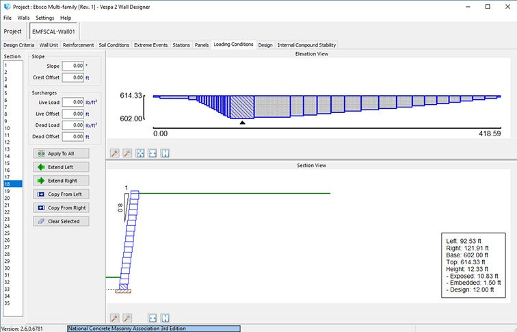 Screenshot of EBSCO VESPA Wall Designer software with structural design diagrams, including elevation and section views of a wall, with design parameters and measurements.
