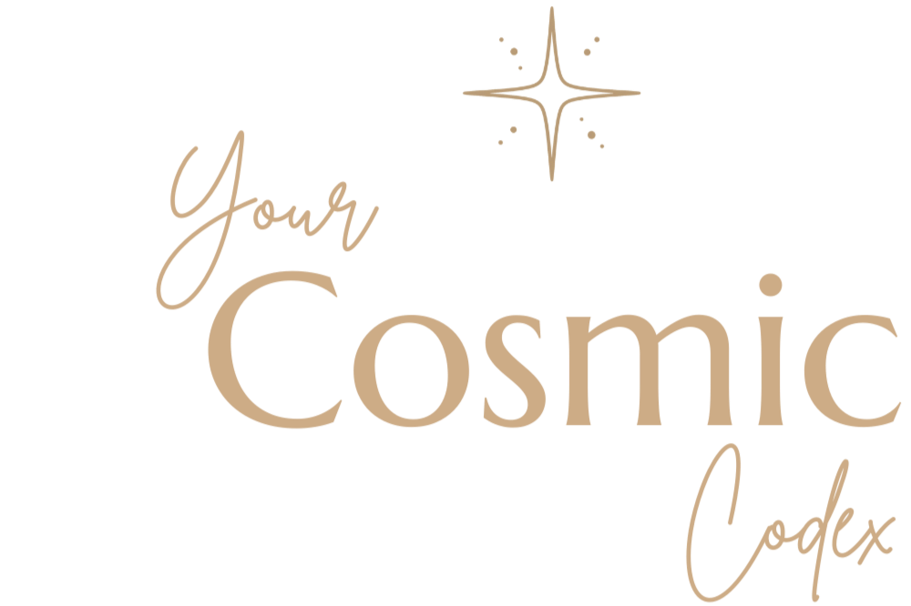 A logo with the text "Your Cosmic Codex" in a stylish font, featuring a star and small sparkles above the word "Cosmic".