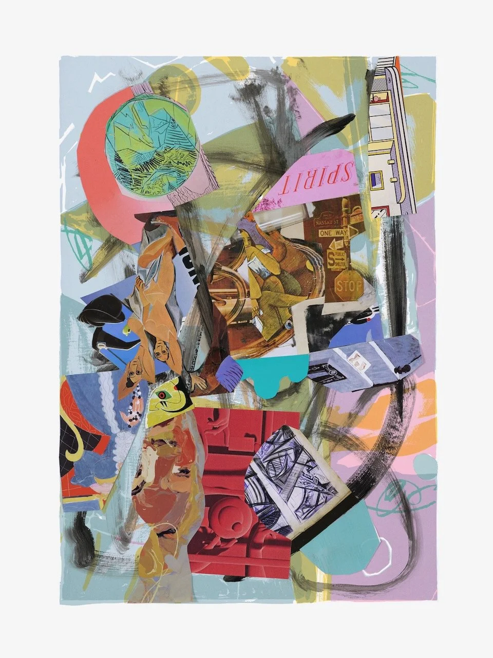 Une Semaine de Bonté Suite #5 (Friday/vendredi), 30 x 22 inches, acrylic, paper collage on lithograph, 2019 