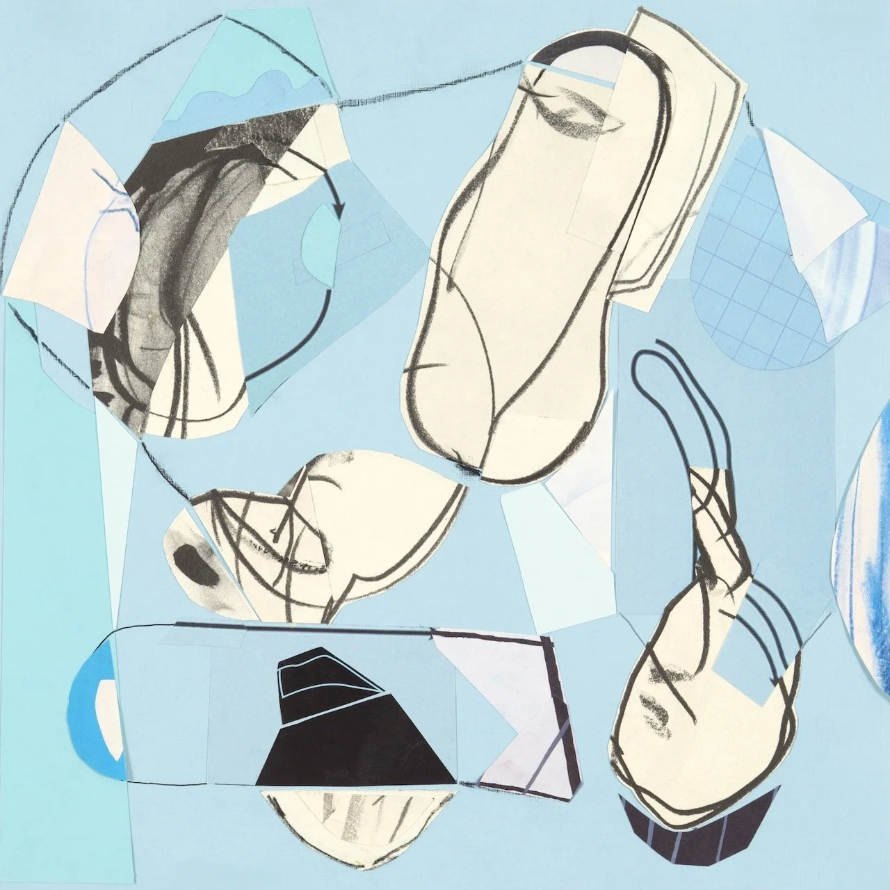 Blue Sky Day Paper collage and drawing 17” X 17” framed 2022
