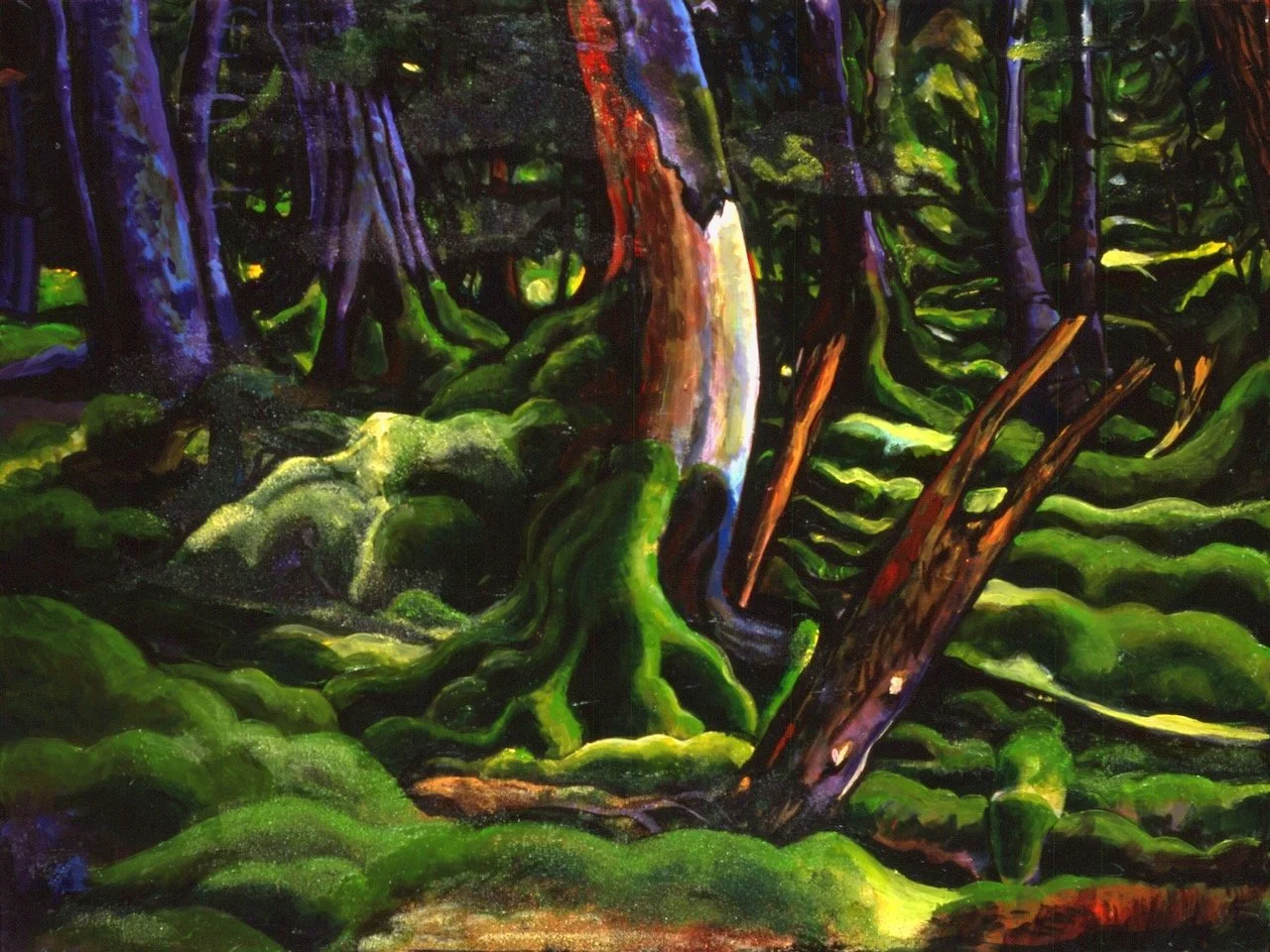 Longhouse Consumed by Great Moss Sea, acrylic and sand on canvas, 36 x 48 inches, 2002