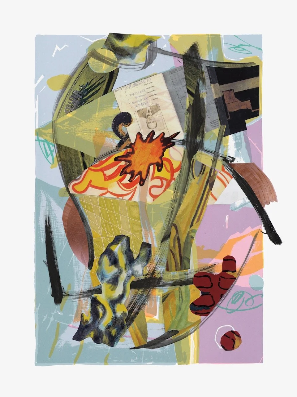 Une Semaine de Bonté Suite #3 (Wednesday/mercredi), 30 x 22 inches, acrylic, paper collage on lithograph, 2019 