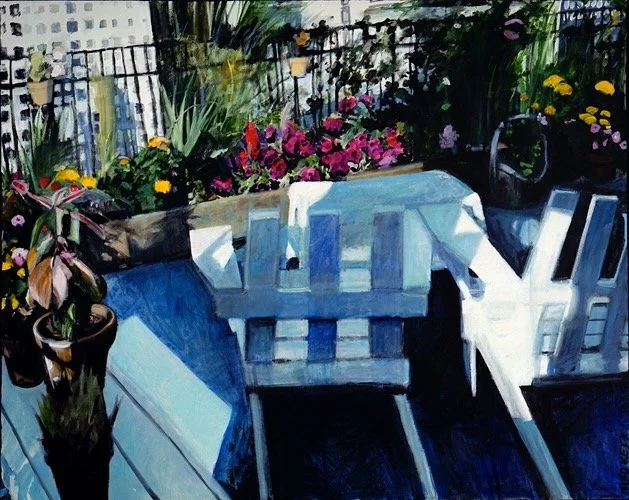 Deck Chairs, Morning on Jervis Street, acrylic on canvas, 48 x 60 inches, 1988