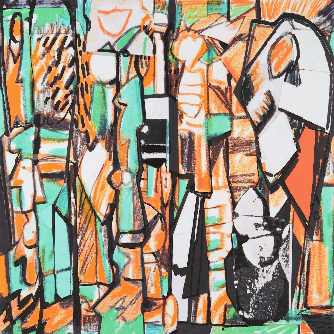 Bathers (Wreck Beach), acrylic and archival ink on canvas, 48 x 48 inches, 2023