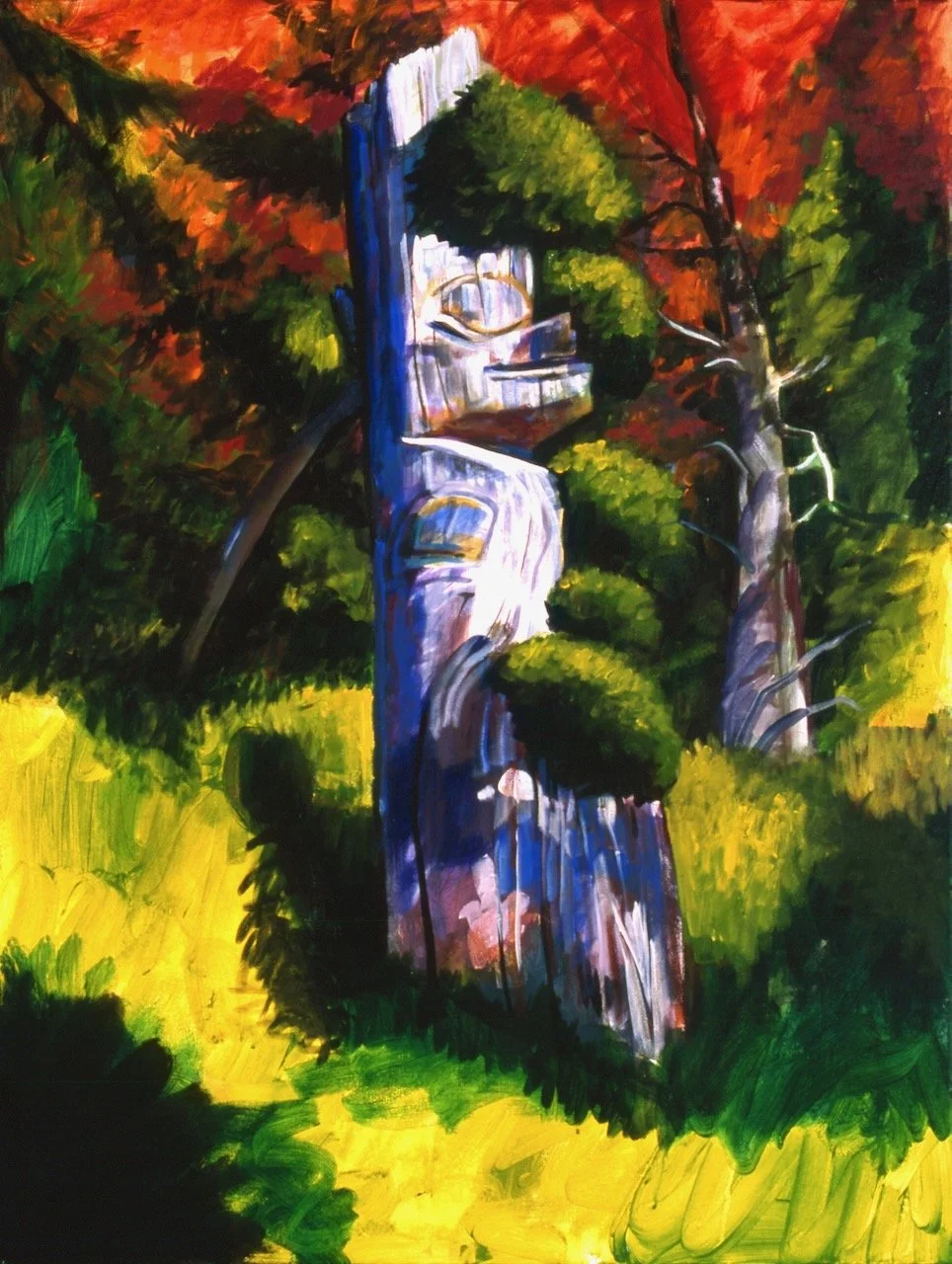 Eagle And Cormorant House Post, acrylic on canvas, 40 x 30 inches, 2002