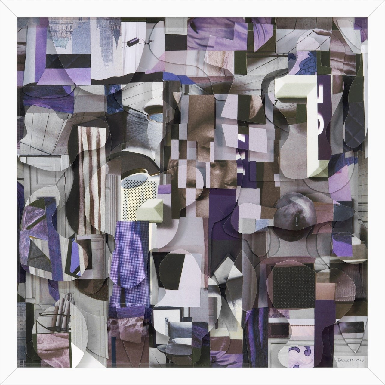Violet Jungle Paper collage and drawing on plexi 17” X 17” framed 2023