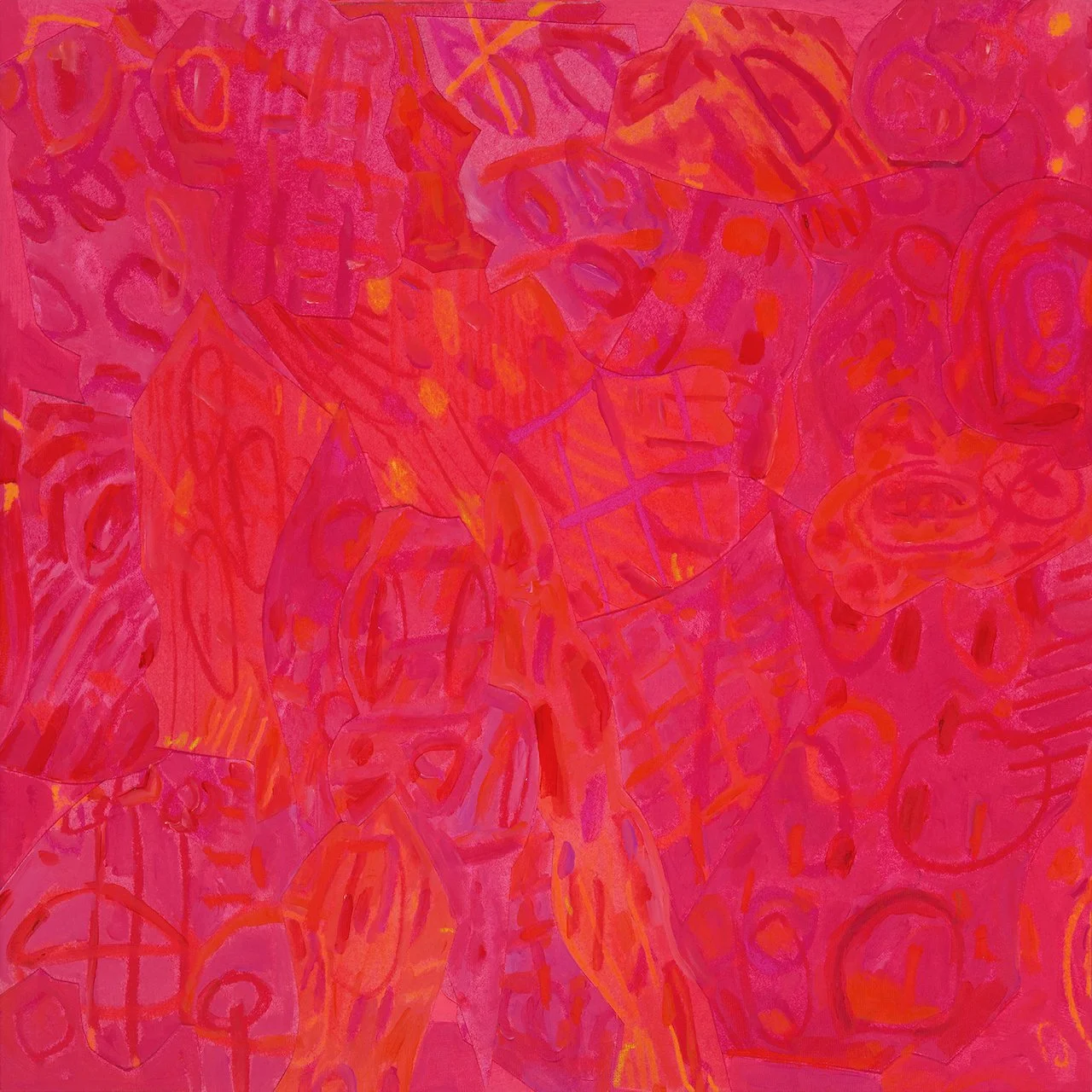 Summerland, acrylic paint, marking drawing and oil stick on canvas, 36 x 36 inches, 2026
