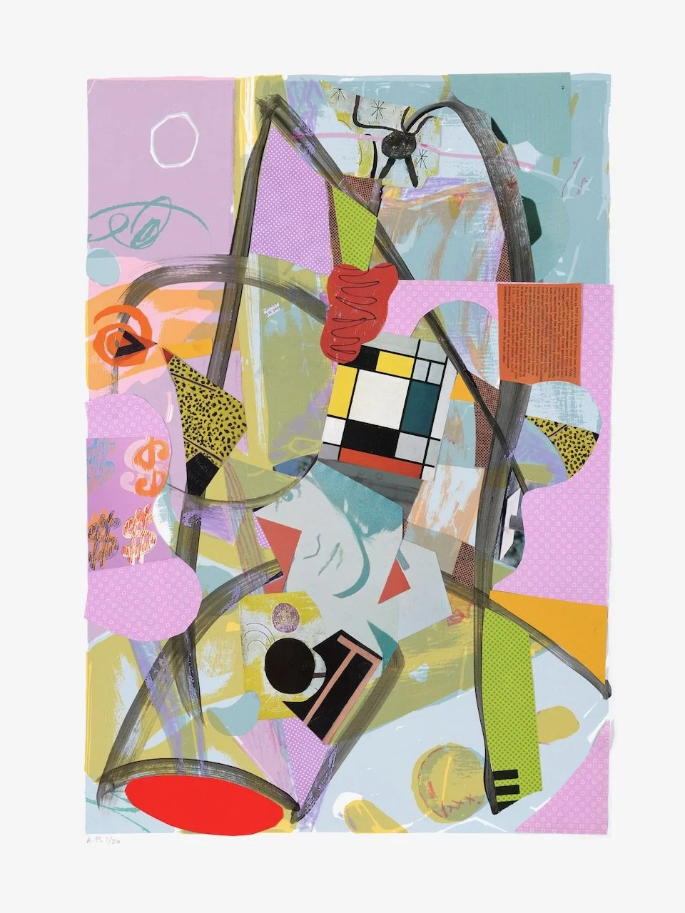 Une Semaine de Bonté Suite #7 (Sunday/dimanche), 30 x 22 inches, acrylic, paper collage on lithograph, 2019 