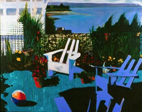 Three Chairs and a Beach Ball, acrylic on canvas