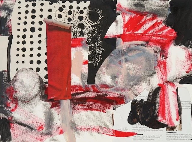 Incremental Cropolitreal Creep, black and whit and red and acrylic paint, 10.25 x 14 inches, 2024