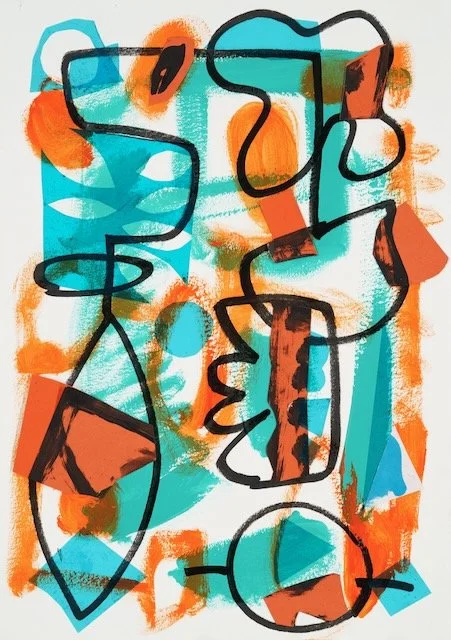 Tomorrow Land (blue and orange), acrylic paint, posca marker and acetate on paper collage, 16.5 x 11.6 inches