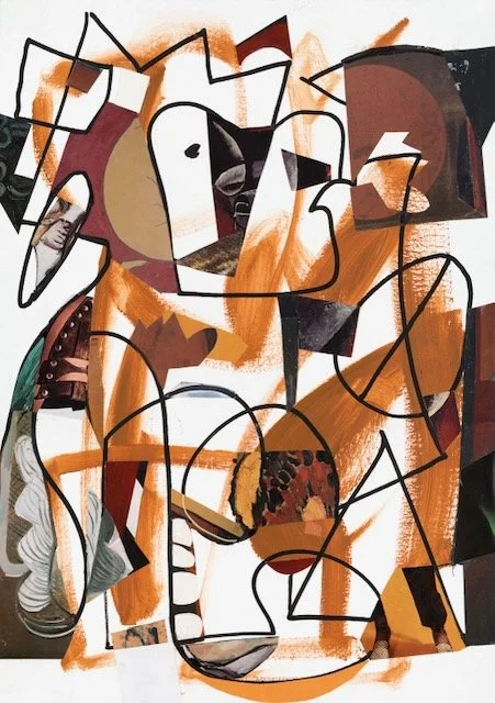 Not a Singular Gaze But a Rhythm, acrylic, marker drawing and paper collage on water colour paper, 16.5 x 11.6 inches, 2026