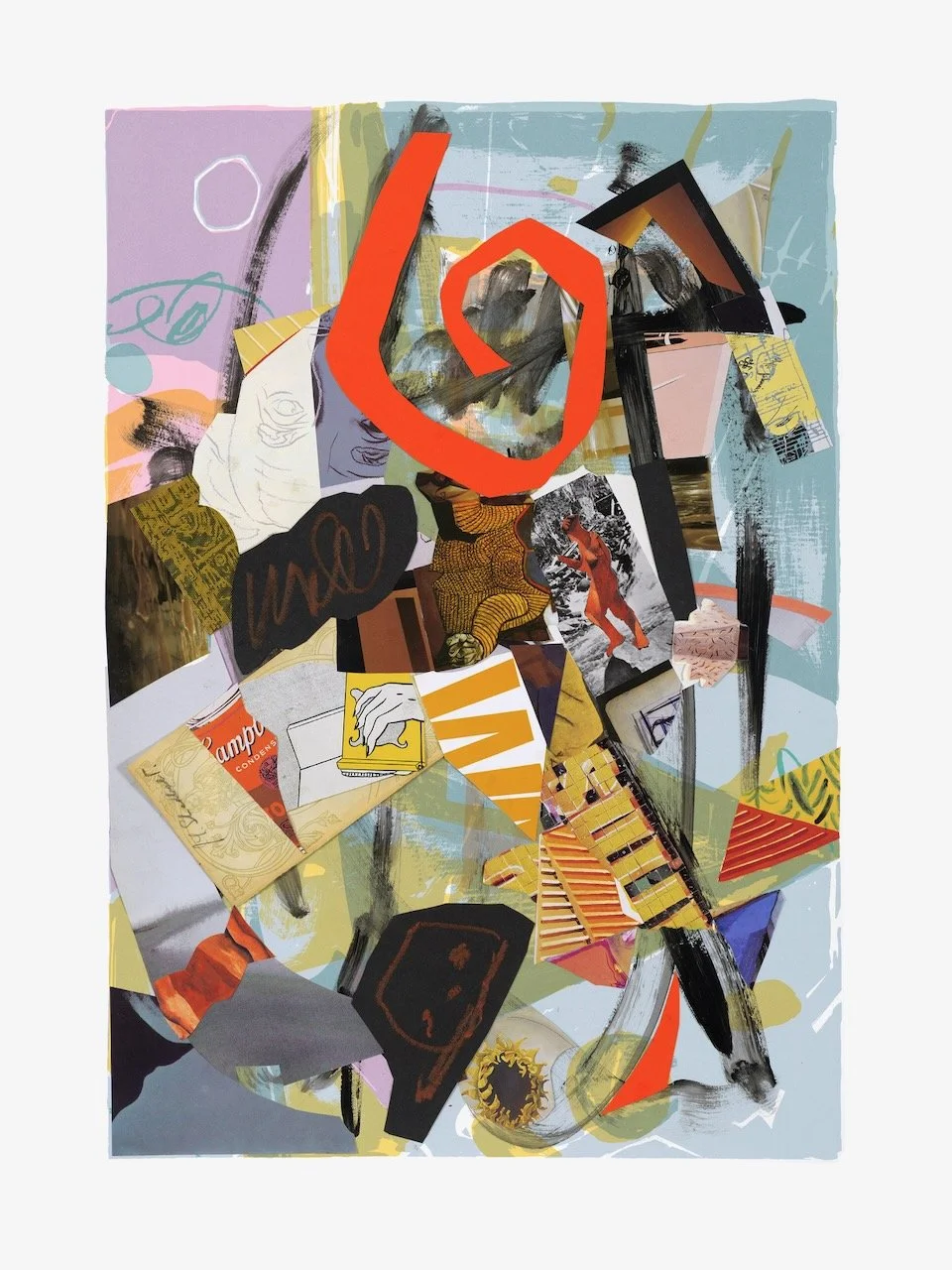Une Semaine de Bonté Suite #6 (Saturday/samedi), 30 x 22 inches, acrylic, paper collage on lithograph, 2019