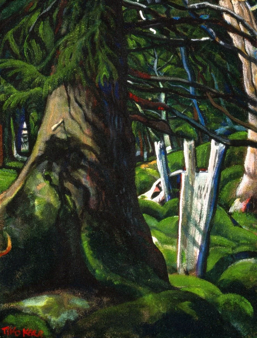 Sitka Spruce and Posts (T'anuu), acrylic and sand on canvas, 40 x 30 inches, 2002