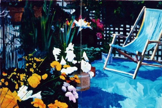 Cloth Chair and Flowers, acrylic on canvas, diptych