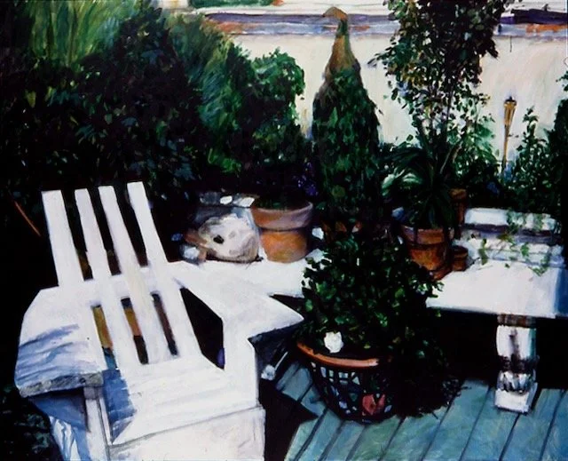 Chair and Topiaries, acrylic on canvas, 48 x 60 inches, 1991