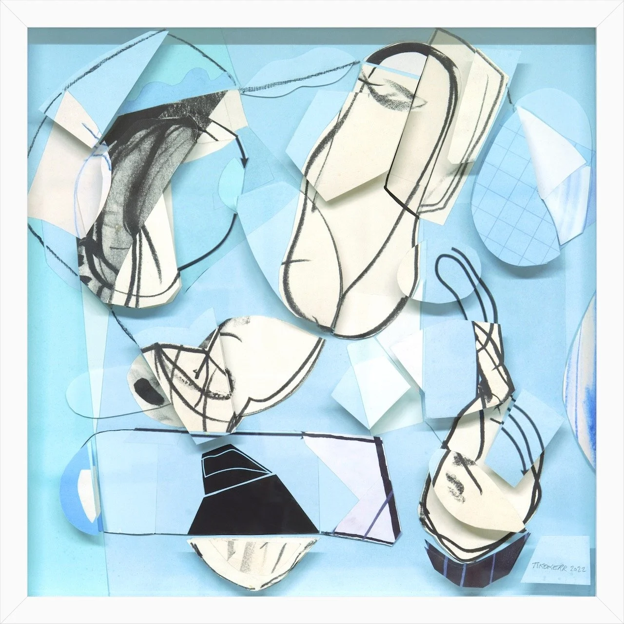 Blue Sky Day II Paper collage and drawing on plexi 17” X 17” framed 2022