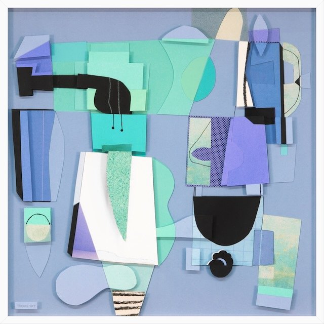 Mood Indigo .  paper collage on 4 ply plexi . 31 x 31 inches . 2023