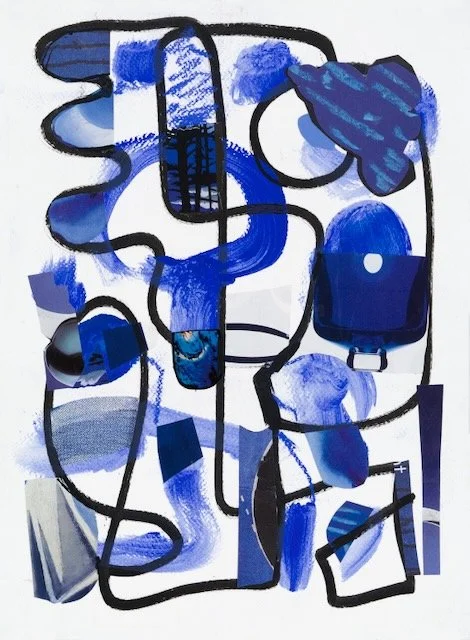 My Blue Penninsula (Cobalt), acrylic, marker drawing and paper collage on water colour paper, 15 x 11 inches, 2026