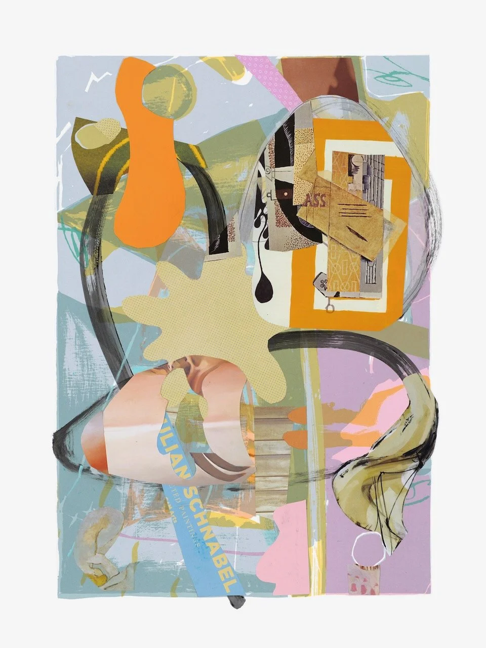 Une Semaine de Bonté Suite #1 (Monday/lundi), 30 x 22 inches, acrylic, paper collage on lithograph, 2019 