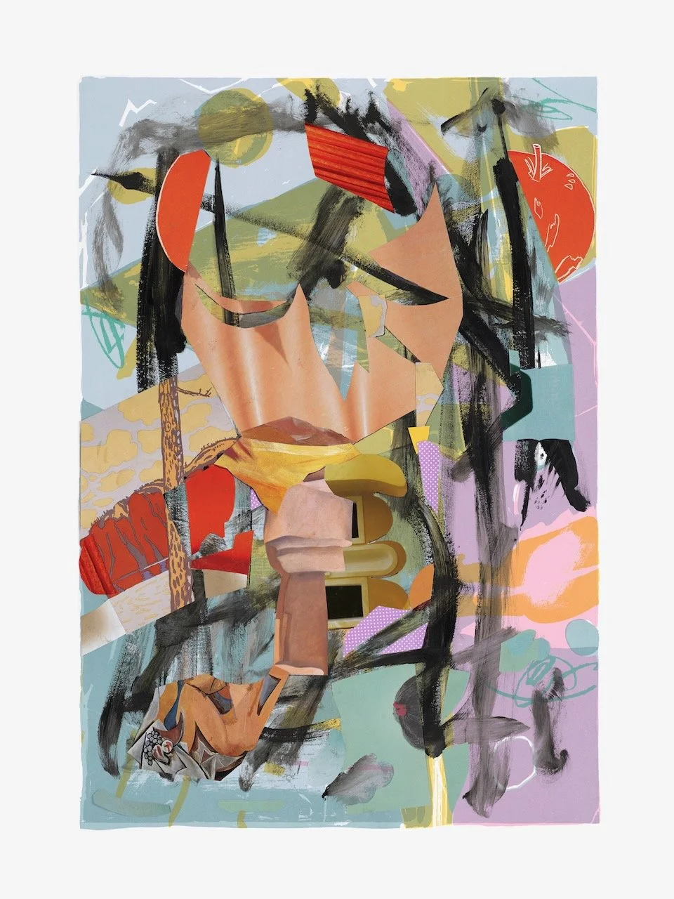 Une Semaine de Bonté Suite #4 (Thursday/jeudi), 30 x 22 inches, acrylic, paper collage on lithograph, 2019 
