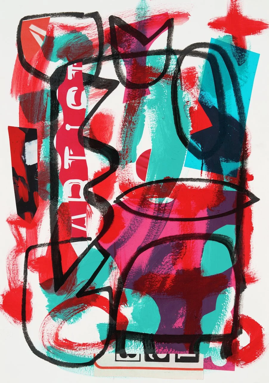 The Record Keeper (Red and Blue), acrylic paint, posca marker and acetate on paper collage, 16.5 x 11.75 inches, 2024
