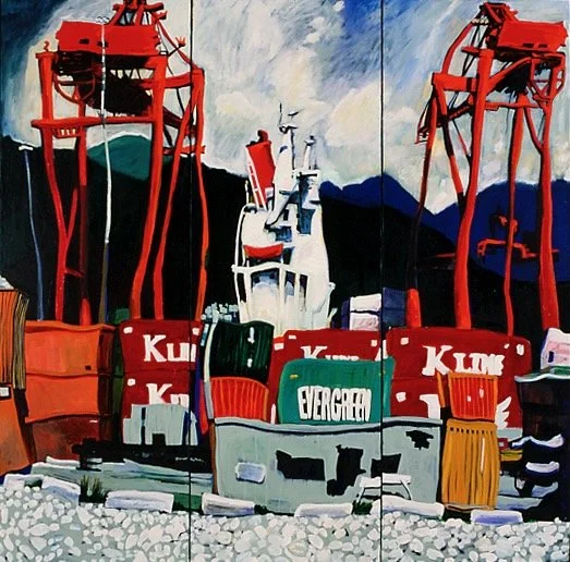 Cranes - Dockyards, acrylic on canvas, 3 (24 x 72 inches) screen, 1993