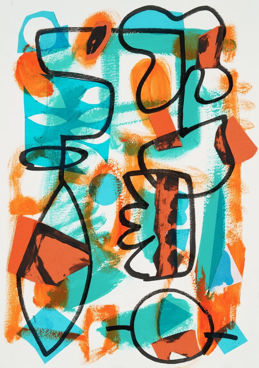 Tomorrow Land (Blue and Orange) acrylic paint, posca marker and acetate on paper collage, 16.5 x 11.60 inches, 2024