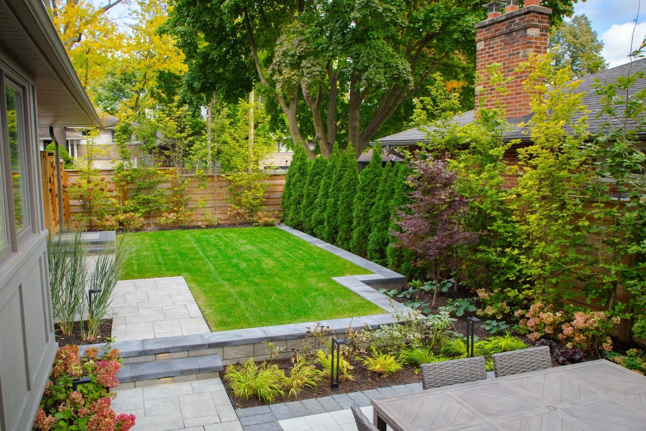 Backyard with a lush green lawn, a small paved patio area, and various trees and shrubs, enclosed by a wooden fence and neighboring houses in the background.