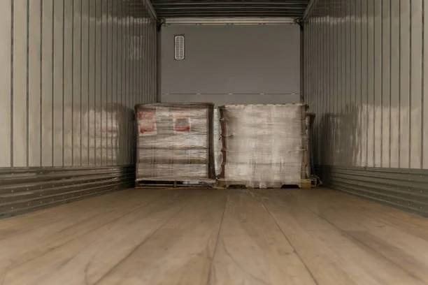 Inside view of an empty truck trailer with two pallets wrapped in plastic at the front.