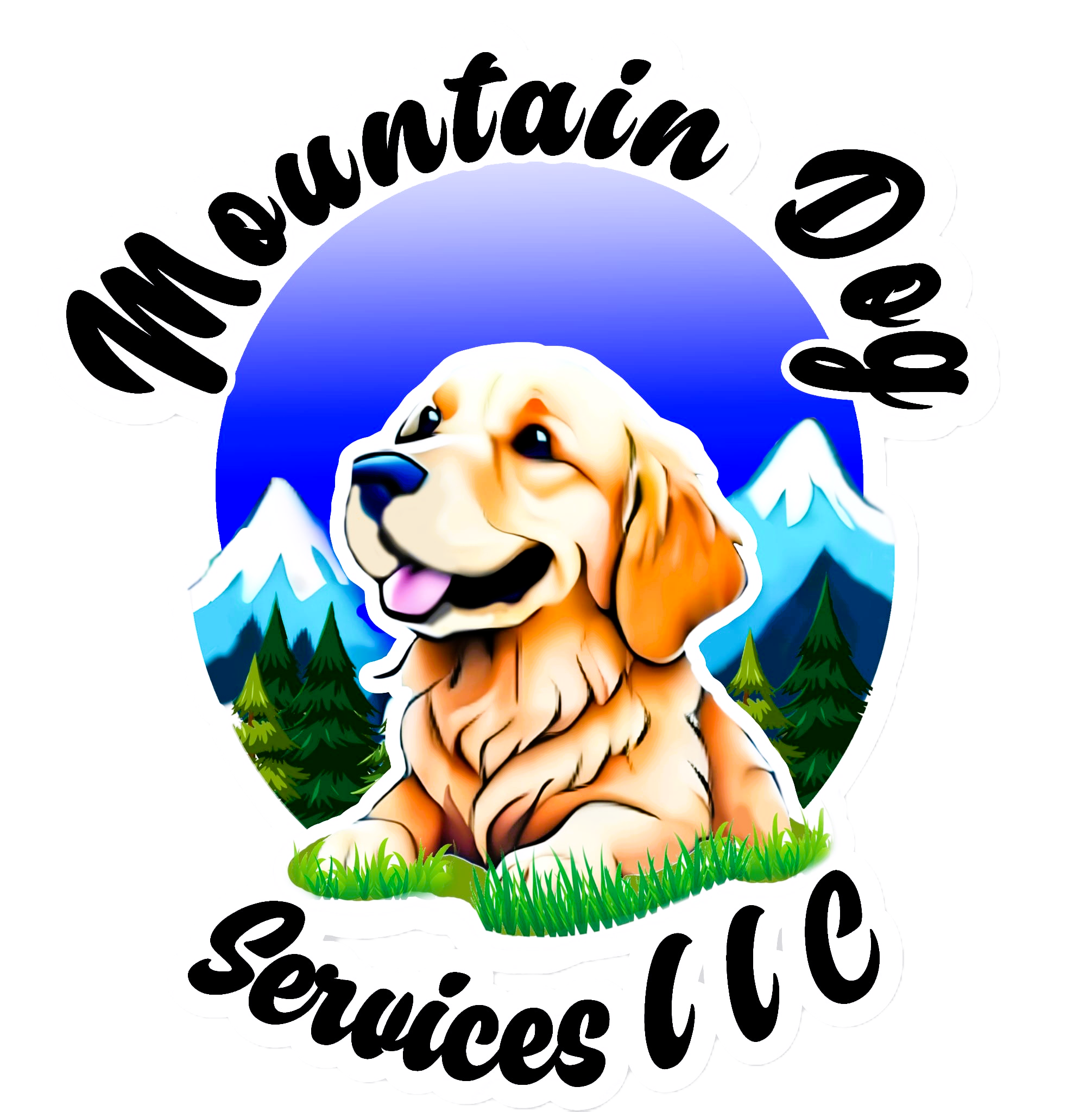 Illustration of a happy golden retriever sitting on grass with mountains and pine trees in the background, surrounded by the text 'Mountain Dog Services LLC' in black script font.