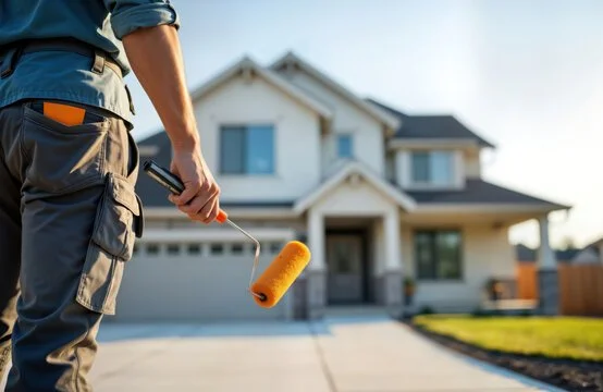 Person painting the exterior of a house with a paint roller, standing on a driveway in front of a two-story home.
