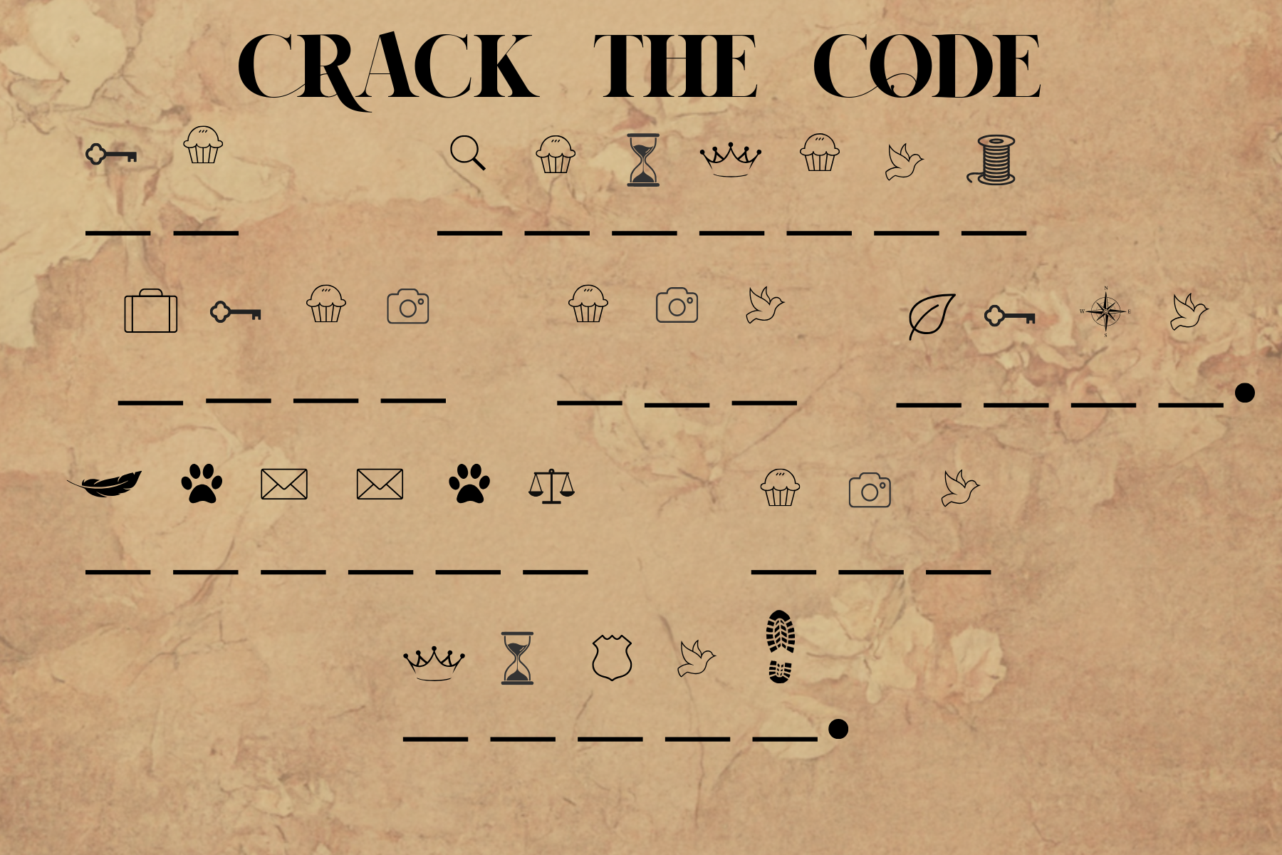Image of a code-breaking puzzle featuring icons like keys, cupcakes, cameras, and more against a textured background with blank spaces for letters.