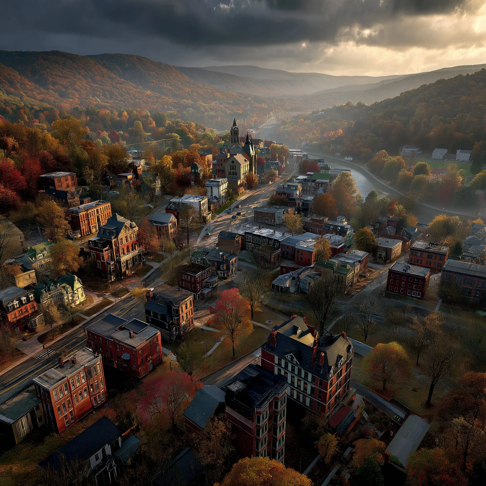 Aerial view of a small town with historic buildings in autumn, surrounded by colorful fall foliage and hills under a dramatic sky.
