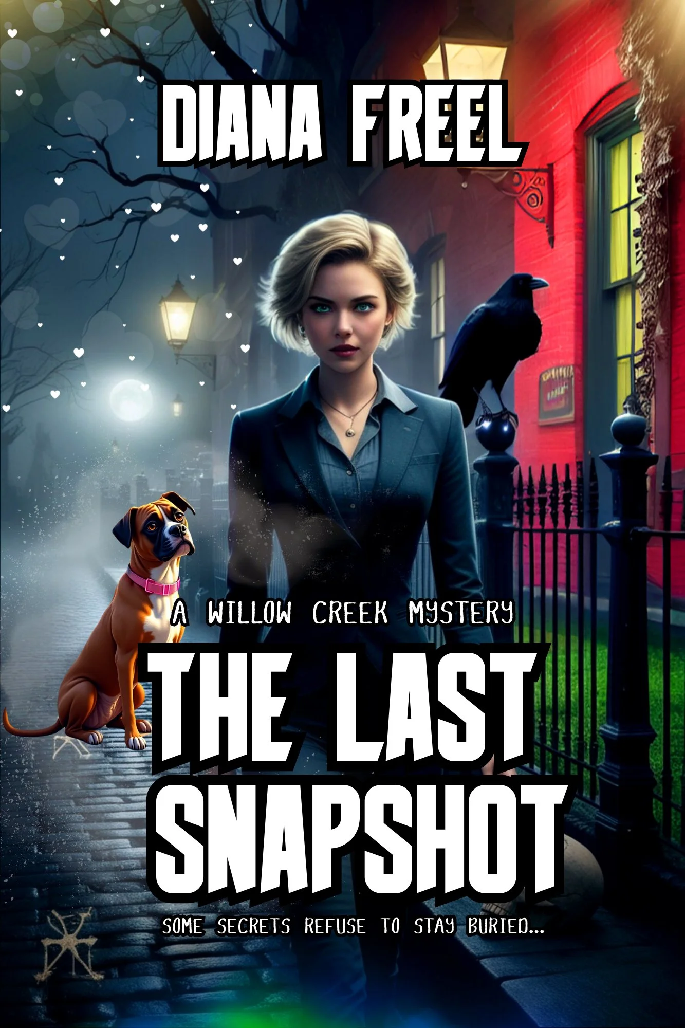 Book cover of "The Last Snapshot" by Diana Freel, featuring a woman standing with a crow and a dog on a dark, moonlit street. "A Willow Creek Mystery" is printed above the title, suggesting themes of mystery or thriller.