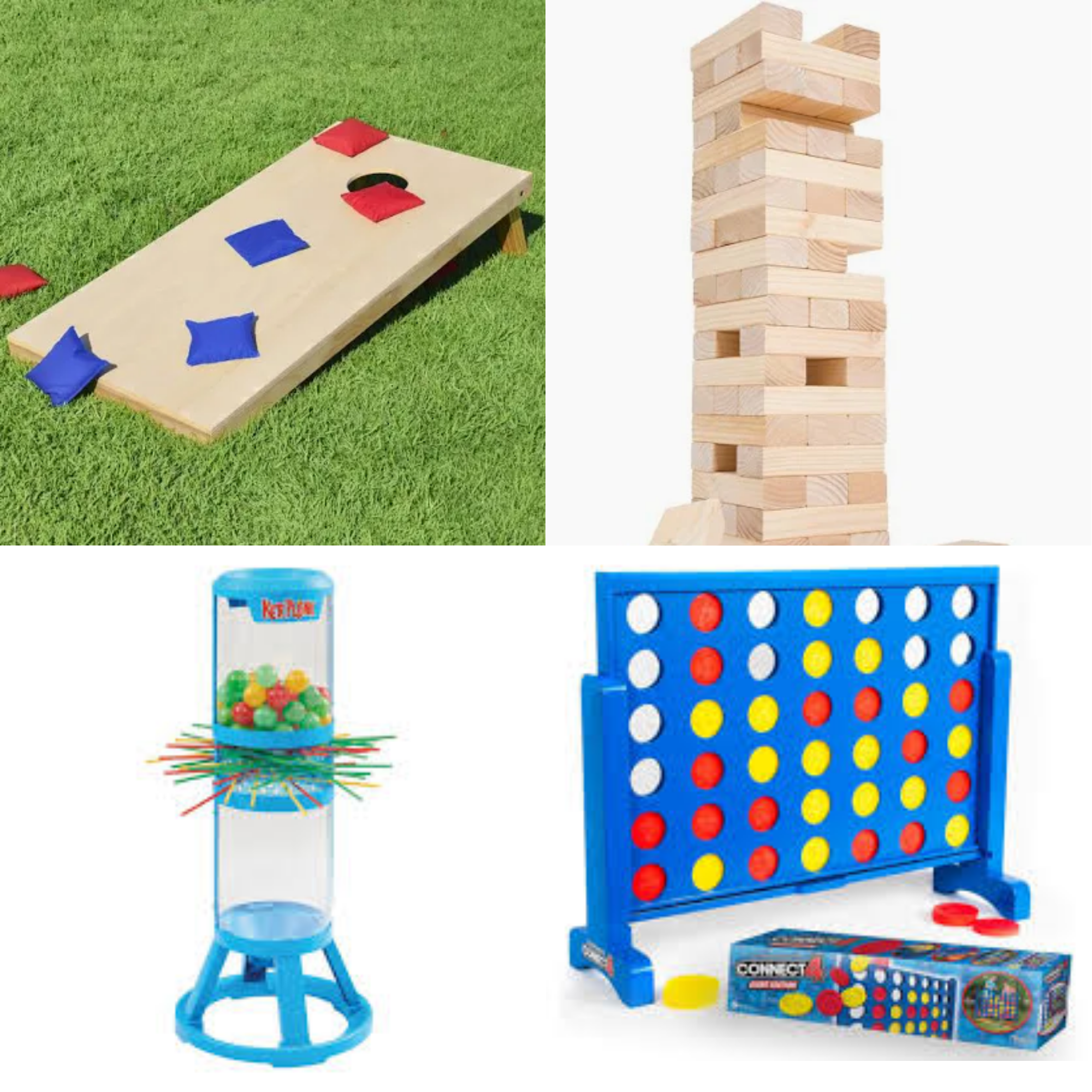lawn games available to rent - jenga kerplunk cornhole and connect four
